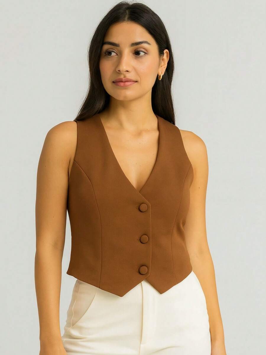 Women's Short Lined Tailored Vest With Buttons, Formal, V-Neck - Rust Brown - View 1
