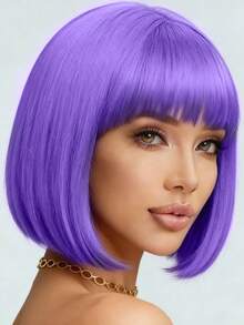 12-Inch Short Wig With Bangs, Burgundy Synthetic Hair, Suitable For Parties, Halloween, Cosplay And Holiday Gatherings, Special Occasions - Light Purple - View 4