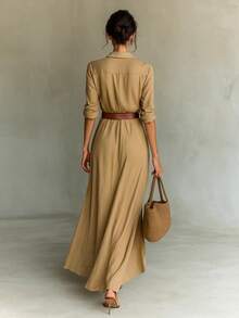 Plus-Size Dress - 2025 Women's Autumn Elegant And Sexy Pure Color Irregular Pleated Dress With Belt - 卡其色 - 查看 2