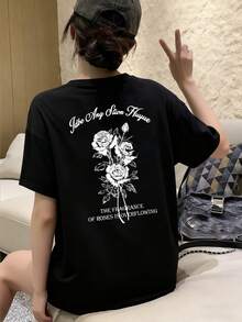 Women's Cotton Round Neck Loose Casual Letter & Rose Flower Print Short Sleeve T-Shirt, Spring/Summer - Black - View 3