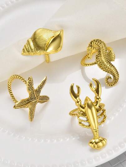 4 piezas Anillos para servilletas de la serie Océano, adecuados para decoración de mesa de boda y fiesta, con diseños de caballito de mar, concha, estrella de mar y langosta. Ideales para el Día de San Valentín, Pascua y Acción de Gracias