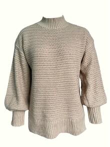 Oversized Textured Mock Neck Sweater (Multiple Colors),Relaxed-Fit Ribbed Trim Sweater With Side Slits,Chunky Knit Mock Neck Sweater (Bold & Neutral Hues)-Women's Sweaters - Women's Long-Sleeved Tops - Women's Winter Clothing - Knitted Sweaters - Christmas Clothing - Màu be - Xem 2