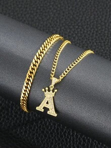2pcs/Set Classic Gold Stainless Steel Cubic Zirconia Letter Pendant Necklace & Bracelet Jewelry Set, Street Fashion Accessories For Kids - Gold - View 5