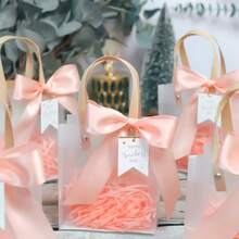 1pc Gift Bag With Ribbon, Transparent Bridesmaid Gift Box, Valentine's Day Gift Bag With High-End Feel, Wedding Birthday Transparent Gift Handbag, Candy Bag Gift Bag Gift Box Handbag, Excluding Raffia And Internal Card - Multicolor - View 2