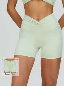 MASKERT Women's High-Waisted Twisted-Waist Sports Shorts, Slim-Fitting & Shape-Enhancing, Butt-Lifting & Slimming, For Yoga And Fitness Summer - Mint Green - View 1