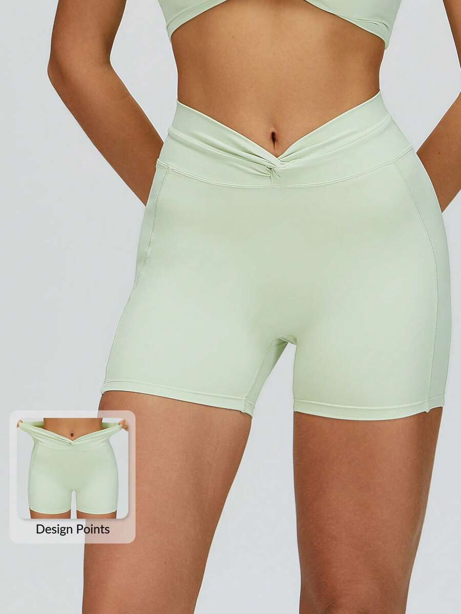 MASKERT Women's High-Waisted Twisted-Waist Sports Shorts, Slim-Fitting & Shape-Enhancing, Butt-Lifting & Slimming, For Yoga And Fitness Summer - Mint Green - View 1