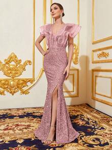 Faeriesty Đầm dạ hội dài thanh lịch cổ bèo nhún dành cho nữ - Xẻ tà đuôi cá, chất liệu sequin lấp lánh, dáng ôm sát | Hoàn hảo cho các buổi dạ tiệc trang trọng và đám cưới | Kết hợp với trang sức nổi bật và giày cao gót để có vẻ ngoài hoàn hảo cho kỳ nghỉ hè. - Hồng - Xem 4