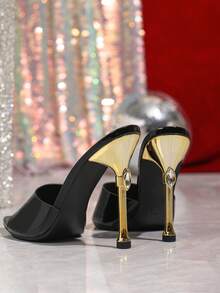 Women's New Pointed Toe Mirror Black High Heel Shoes, Comfortable Soft Lightweight Kitten Heel Fashionable Office Lady Sandals, Spring/Summer - Black - View 5