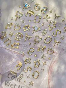 1片 Y2K 3D 液態金屬美甲貼紙，金銀融化心形星形旋渦美甲貼花，賽博龐克美甲DIY裝飾 - 金色 - 查看 8