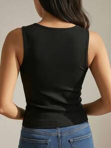1 Stück Damen Lässig Ripp-Strick Trägertop, figurbetontes einfarbiges Rundhals Camisole, minimalistischer Alltagsartikel - Schwarz - Übersicht 2