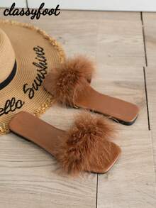 زوج من الشبشب المسطح للنساء مزين بالفرو الصناعي البني اللون، مانع للانزلاق، عصري للاستخدام المنزلي أو الحفلات - بني - مشاهدة 4