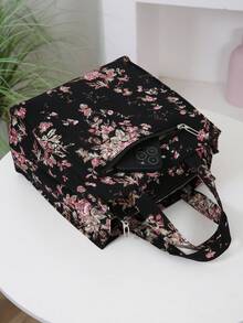 New Arrival, Thickened Floral Print Fabric Tote Bag, Large Capacity Portable Lunch Box Storage Bag, Suitable For Work Commute, Carrying Lunch, Outdoor Shopping, Lunch Box Storage, Daily Use, Cloth Bag, Lunch Bag, Hand-Held Bag. Back To School Season, Retro Cooler Bag Waterproof For Women For Men For Picnic For School - Black - View 6