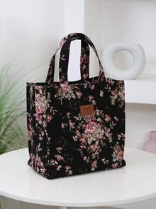 New Arrival, Thickened Floral Print Fabric Tote Bag, Large Capacity Portable Lunch Box Storage Bag, Suitable For Work Commute, Carrying Lunch, Outdoor Shopping, Lunch Box Storage, Daily Use, Cloth Bag, Lunch Bag, Hand-Held Bag. Back To School Season, Retro Cooler Bag Waterproof For Women For Men For Picnic For School - Black - View 11