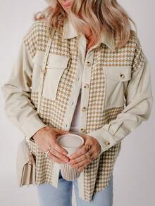 Astylish Áo khoác sơ mi ấm áp bằng vải nhung kẻ sọc Houndstooth chắp vá dành cho nữ - Màu be - Xem 6