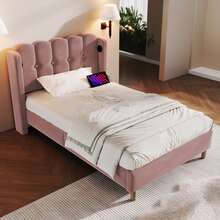 Upholstered Single Bed With USB Type-C Charging Function, Bed Frame With Slatted Base, Upholstered Bed In Pink, 90 X 200 Cm Bed Frame, Youth Bed For Bedroom/Guest Room - Velvet - Hot Pink - View 7
