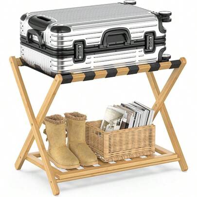 折叠式 竹制 6根皮带 便携箱 行李箱 放置场 储物柜支架 行李箱架 行李架 酒店 玄关 2层收纳 行李箱 鞋子 小物件放置 自然2个装