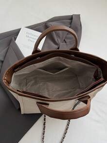 Large Capacity Women Tote Bag, European And American Style Handbag With Shoulder Strap And Chain - Khaki - View 6