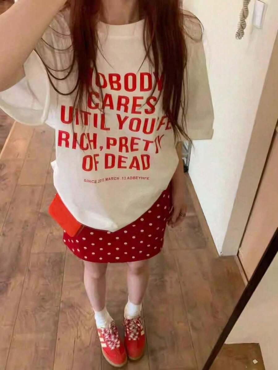 Japanese Style Women Loose Casual Round Neck Cartoon Letter Print Short Sleeve T-Shirt, Versatile For Spring/Summer White - White - View 1