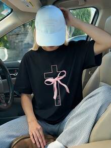 1件少女休闲蝴蝶结十字印花圆领短袖T恤，宽松舒适，夏季学生青少年服装 - 黑色 - 查看 9