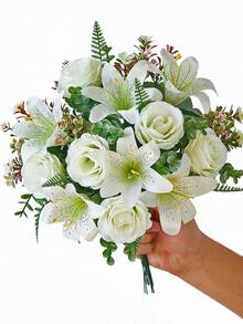 1 Bó hoa giả Valentine gồm hoa hồng và hoa ly, hoa hồng nhựa, hoa oải hương giả, hoa trang trí, cây giả dùng làm quà tặng ngày Valentine, trang trí nhà cửa, tiệc tùng, bàn tiệc, vật trang trí trung tâm, trang trí đám cưới. - trắng - Xem 3