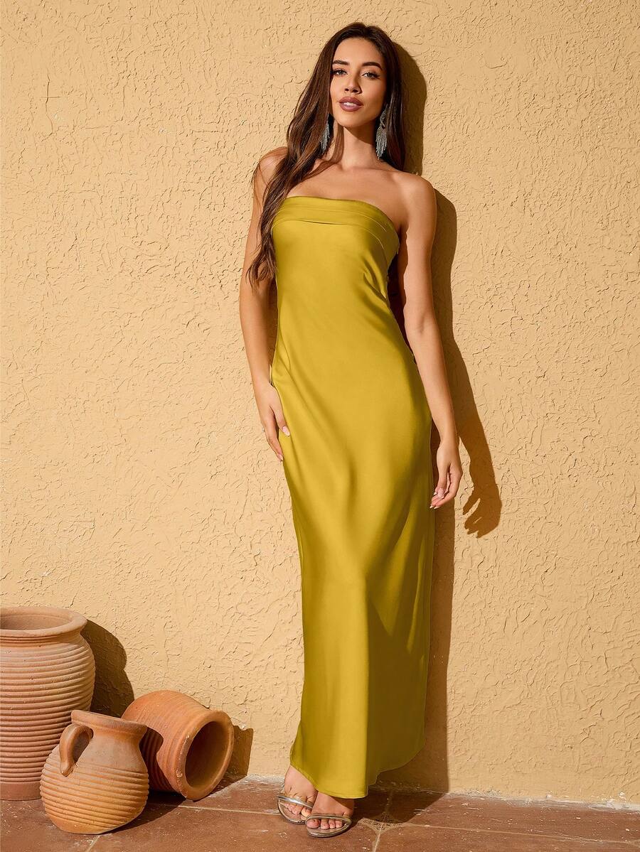 LOVE&LEMONADE Women's Solid Color Minimalist Casual Tube Dress - Olive Green - View 1
