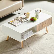 Rectangle Coffee Table / Modern Coffee Table For Living Room / With Solid Wood Legs / Sliding Drawer For Storage / Suitable For Bedrooms, Rooms, And Small Spaces - 白色 - 查看 2