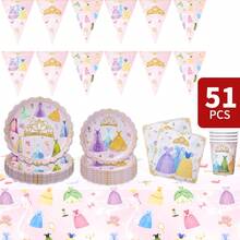 1 Set Princess Theme Party Supplies, Including 8 Disposable Plates, Napkins, Cups, Tablecloth And Hanging Flags, Suitable For Birthday, Wedding, Family Picnic - Multicolor - View 1