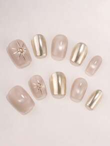 10pcs Pure Handmade Press On Nails Medium Nails Square Nails The Nude Pink Cat Eye And Champagne Gold Contrasting Colors Are Soft Yet Elegant. The Hand-Painted Metal Lines On The Nude Pink Cat Eye Radiate Like Stars, With A Small Diamond Embedded In The Center. It Is Exquisite Yet Not Ostentatious. Gentle Elegant Cute Nails For Ladies And Girls Spring Summer Fall Winter Festivals Parties And Daily Life Use - Gold - View 1