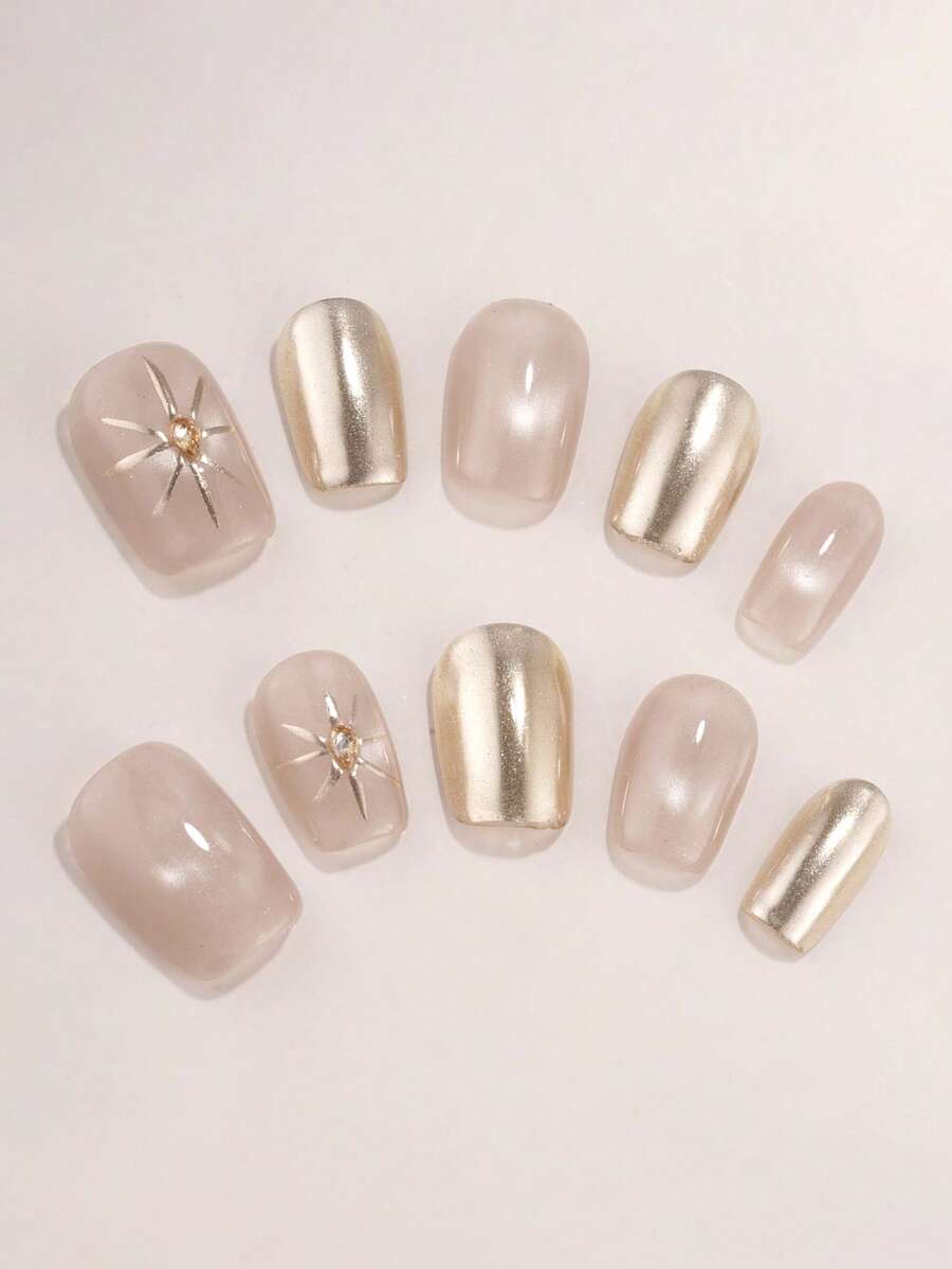 10pcs Pure Handmade Press On Nails Medium Nails Square Nails The Nude Pink Cat Eye And Champagne Gold Contrasting Colors Are Soft Yet Elegant. The Hand-Painted Metal Lines On The Nude Pink Cat Eye Radiate Like Stars, With A Small Diamond Embedded In The Center. It Is Exquisite Yet Not Ostentatious. Gentle Elegant Cute Nails For Ladies And Girls Spring Summer Fall Winter Festivals Parties And Daily Life Use - Gold - View 1
