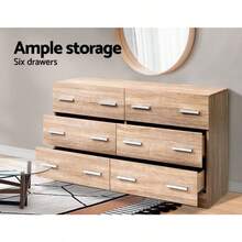 Chest Of Drawers 6 Drawer Oak Tallboy Dresser Clothes Storage Cabinet Organizer Lowboy Bedside Table Bedroom Furniture Home Living Room Hallway Entryway - Natural - 查看 6