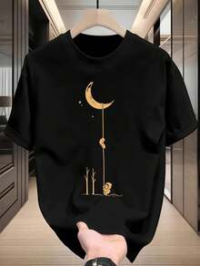 T-shirt nera da uomo con stampa lunare, qualità primaverile, tessuto di alta qualità, girocollo, vestibilità comoda, casual - nero - Visualizzare 2