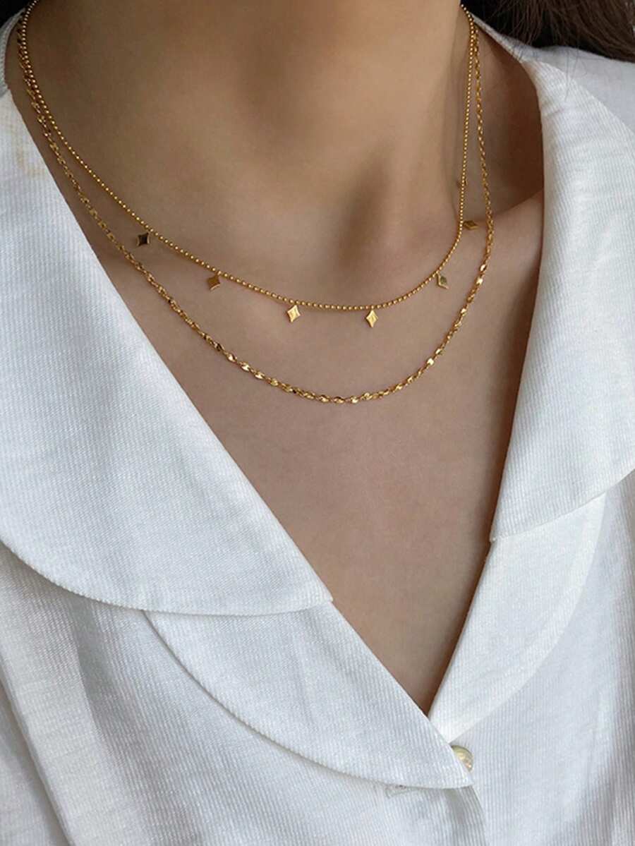 Nooxian 1pc Stainless Steel Silver Double Layer Multi-Rhombus Tassel Shiny Petal Chain Necklace, Women's Necklace For Vacation Wear (Pendant Quantity Random) - Yellow Gold - View 1