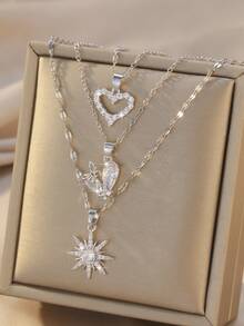 Hihho 3 件时尚休闲锆石镶嵌心形腰部设计个性化创意女士项链套装，派对礼物 - 銀色 - 查看 9