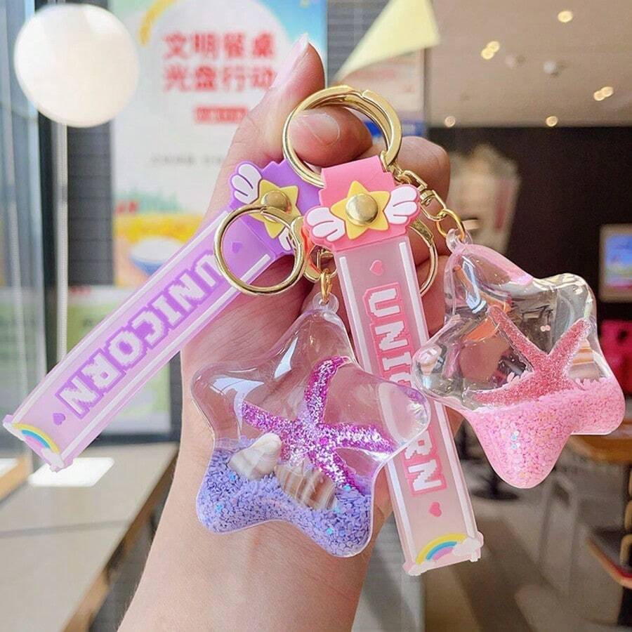 1个可爱锌合金海星流沙瓶钥匙扣挂件包包饰品漂浮钥匙圈汽车配件背包书包哥特Y2K圣诞礼物创意包包配件挂绳带ID卡夹汽车配件包包饰品，情人节