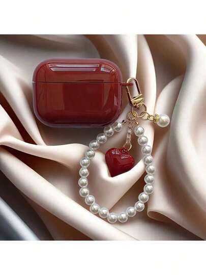 亮面酒红色TPU耳机保护套，饰有仿珍珠链和3D爱心图案，兼容 1/2/3/4、Pro 3/Pro 2，防刮擦、防震、柔软，是母亲节、情人节、生日、送给女朋友的绝佳礼物