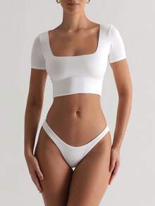 Summer Cropped Fitted Double-Layer Yoga Fabric Square Neck Top - White - View 3
