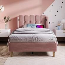 Upholstered Single Bed With USB Type-C Charging Function, Bed Frame With Slatted Base, Upholstered Bed In Pink, 90 X 200 Cm Bed Frame, Youth Bed For Bedroom/Guest Room - Velvet - Hot Pink - View 2