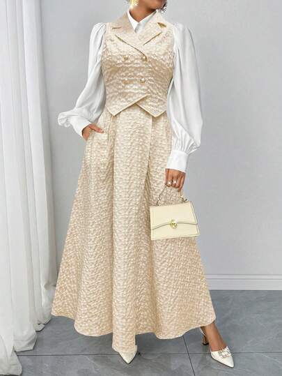 女士优雅两件套服装，长袖夹克和裙子，简约时尚