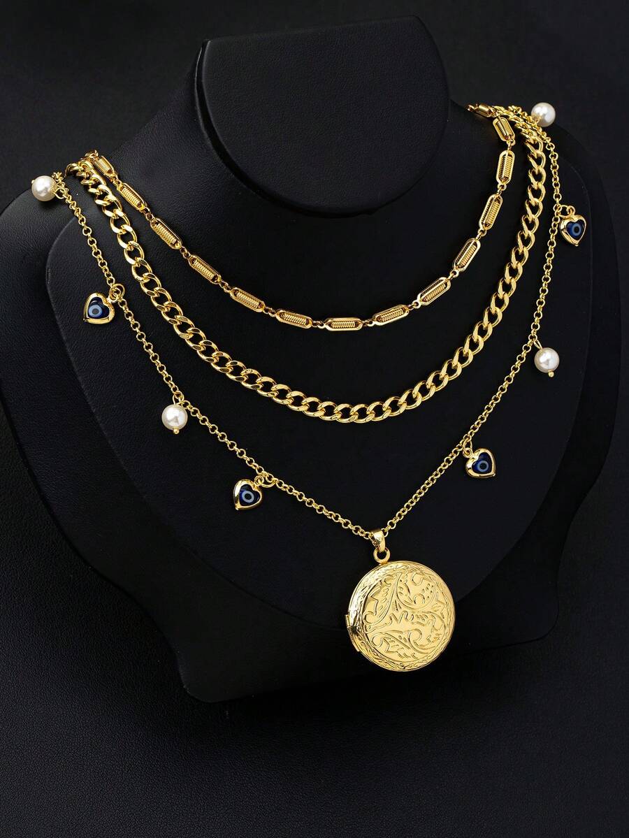 三层圆形可打开照片吊坠项链，波西米亚独特设计女士项链 - 金黃色 - 查看 1