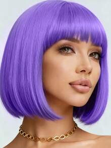 12-Inch Short Wig With Bangs, Burgundy Synthetic Hair, Suitable For Parties, Halloween, Cosplay And Holiday Gatherings, Special Occasions - Light Purple - View 3