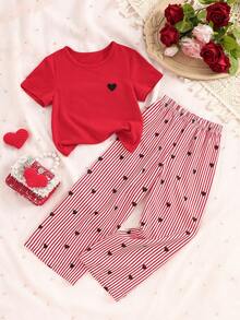两件套女童红色圆领刺绣黑色爱心短袖T恤，搭配松紧腰条纹爱心印花阔腿裤，适合情人节、节日、日常休闲穿着。 - 紅色 - 查看 2