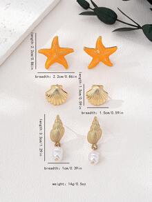 3pairs Elegant Versatile Fashionable Summer Vacation Style European & American New Metallic Gold Starfish, Sea Shell, Sea Life Series Women Earrings Set, Suitable For Daily Commute, Beach Vacation, Party, Refined Jewelry Gift, Stylish Campus Items, Perfect For Best Friends - 3 Pairs Of Earrings Set - View 11