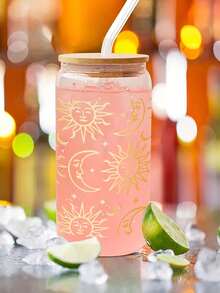 1个带竹盖和吸管的玻璃杯，啤酒罐造型，可作水杯、冰咖啡杯、奶昔杯、水果杯、果汁杯，粉色蝴蝶结印花，可重复使用，夏季饮品杯，大容量户外旅行便携饮料果汁杯，适合家庭、办公室、聚会、生日派对、节日、圣诞节等场合，冬夏皆宜。 - 金色 - 查看 3