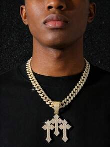 1件男士全镶钻链经典嘻哈风格三十字吊坠项链 - 星星 - 查看 1