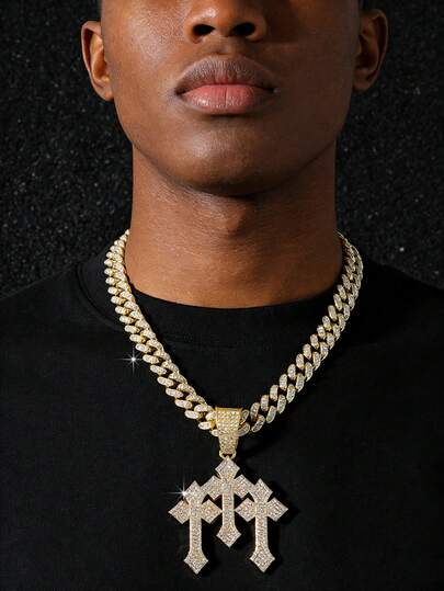 1 pieza Collar con colgante de cruz triple de estilo hip hop clásico con cadena cubana de hombre totalmente cubierta de rhinestones
