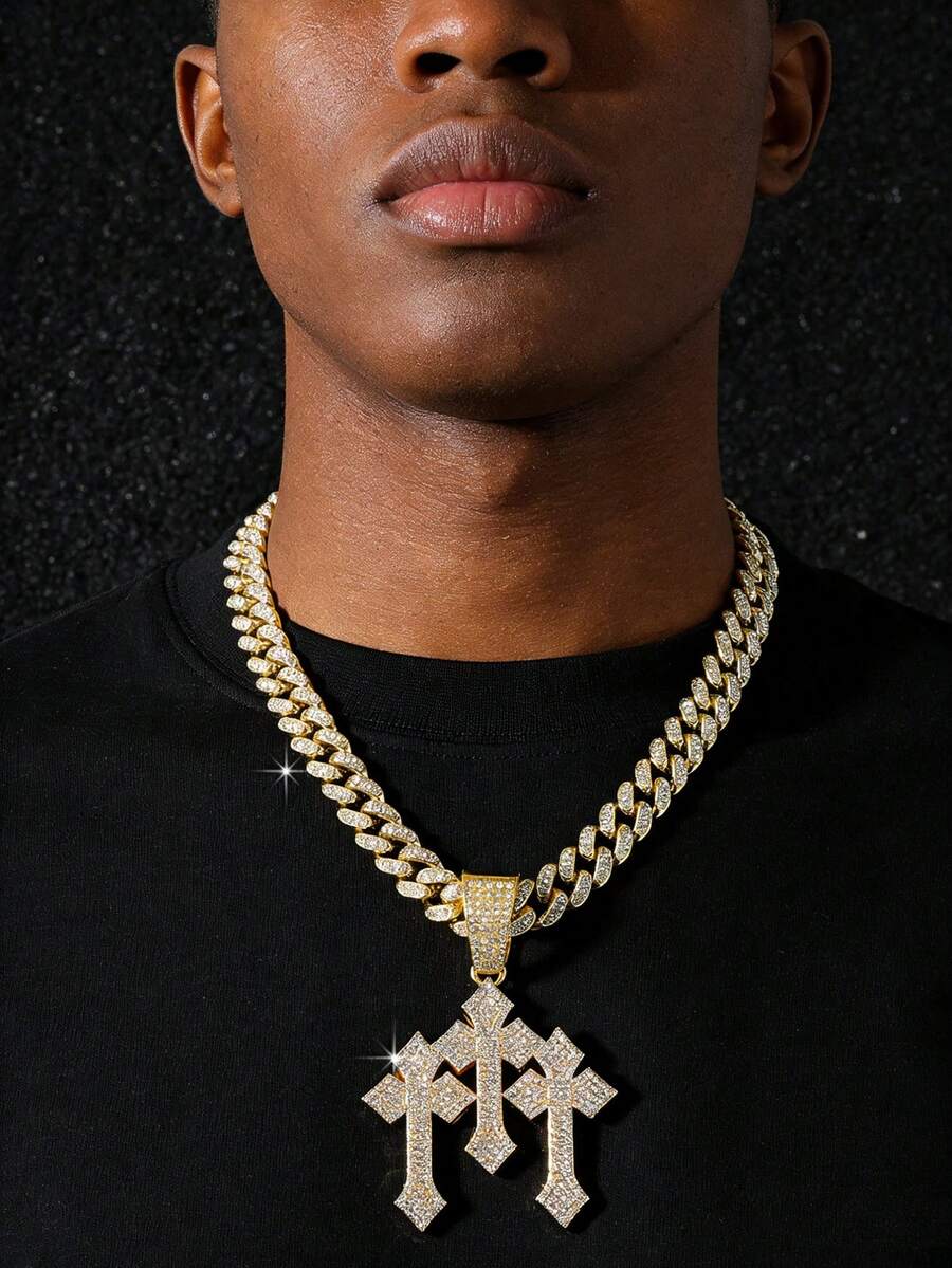 1件男士全镶钻链经典嘻哈风格三十字吊坠项链 - 星星 - 查看 1
