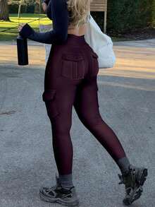 Chicsale Stretchy Workout Trousers For Women - High Waisted Cargo Pants With Pockets, Slim Fit Yoga Leggings For Walking, Gym, Travel & Daily Comfort - 中紫紅色 - 查看 4