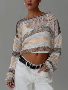 女士轻薄条纹镂空透视短款套头衫，春秋季 - 黃色 - 查看 1