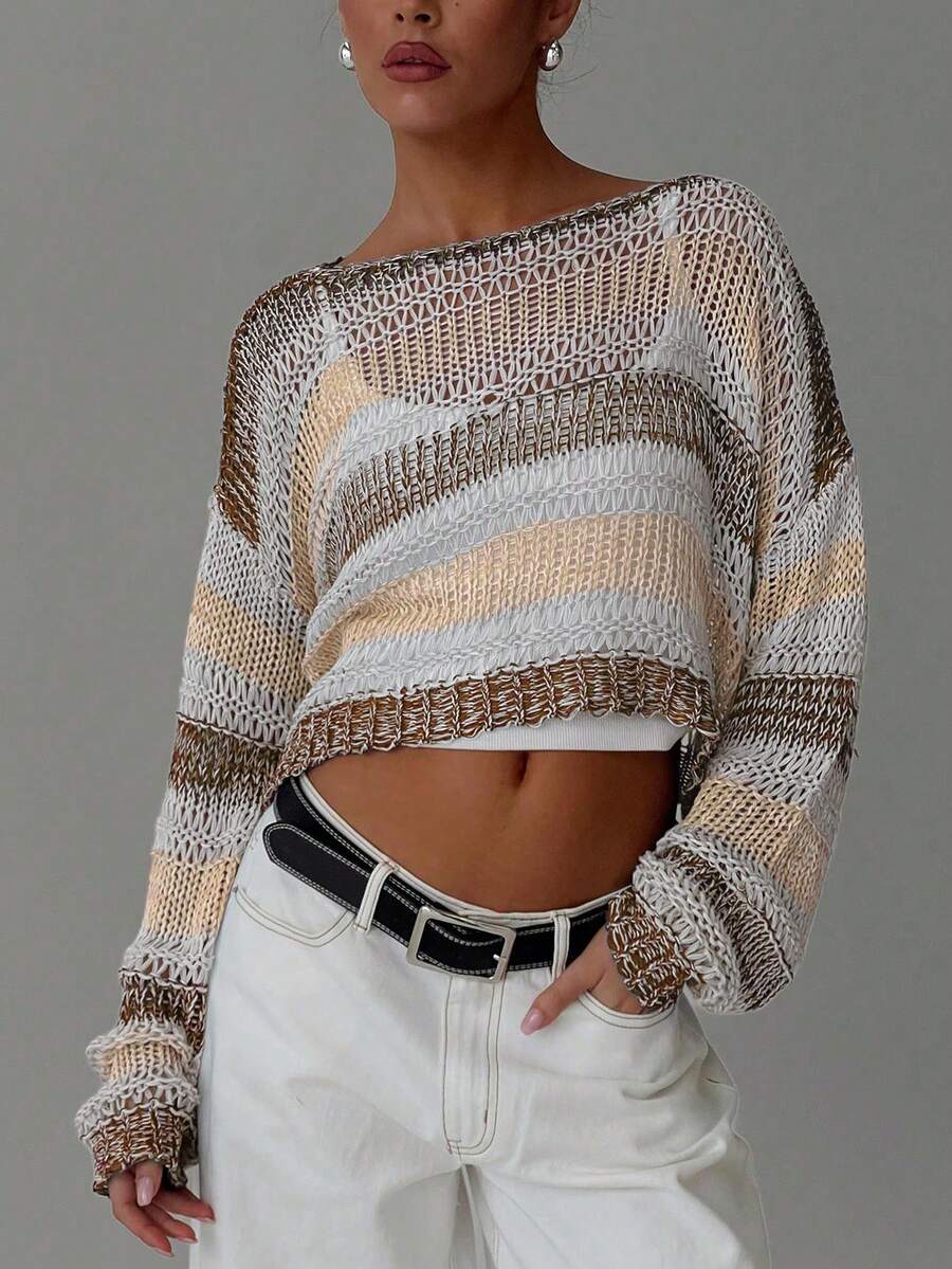 女士轻薄条纹镂空透视短款套头衫，春秋季 - 黃色 - 查看 1