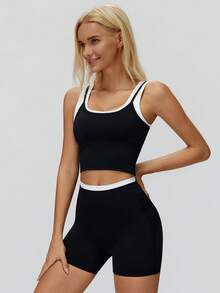 MASKERT 女士撞色运动三件套：二合一无袖露脐背心+高腰短裤，修身设计，塑形提臀，适合瑜伽和健身 - 黑色 - 查看 6